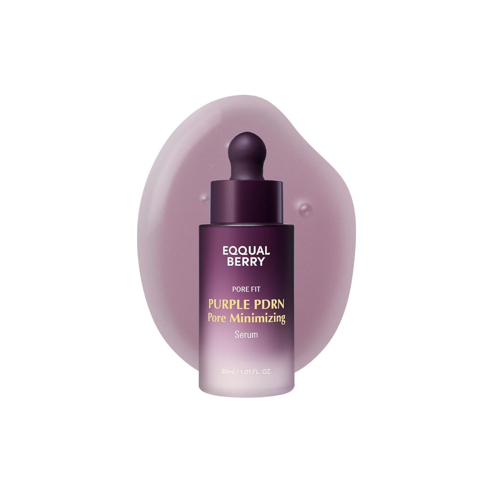 EQQUALBERRY Purple PDRN Minimising Serum- 30ml bottle with vegan collagen, peptides, and PDRN technology to refine pores and improve skin elasticity."